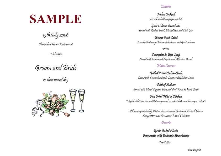 Clarendon House Restaurant - Wedding Menu